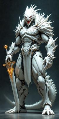 The primary subject of the image is a white, armor-like costume with a sword. The setting is a dark background, which contrasts with the white costume. The visual style is digital art, as the costume appears to be a digital rendering. The colors and mood of the image are predominantly dark, with the white costume standing out as the main focal point.